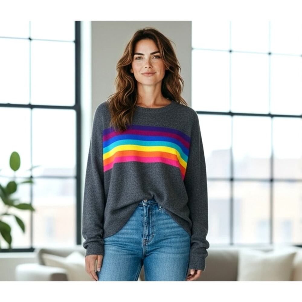 WYSE London 100% Cashmere Rainbow Stripe Sweater Charcoal Size 2